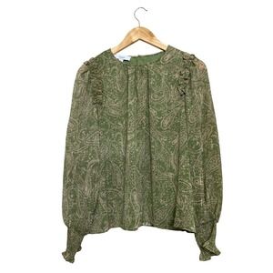 CeCe Green Paisley Gold Metallic Ruffle Smocked Cuff Blouse PC485267AK PL